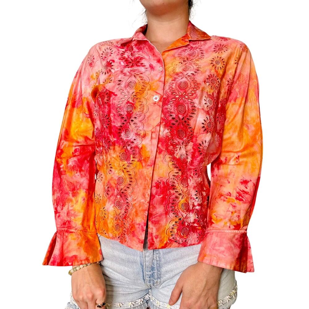 Ice Dyed Cotton Embroidered Button up Blouse Pink Orange unset Boho Festival